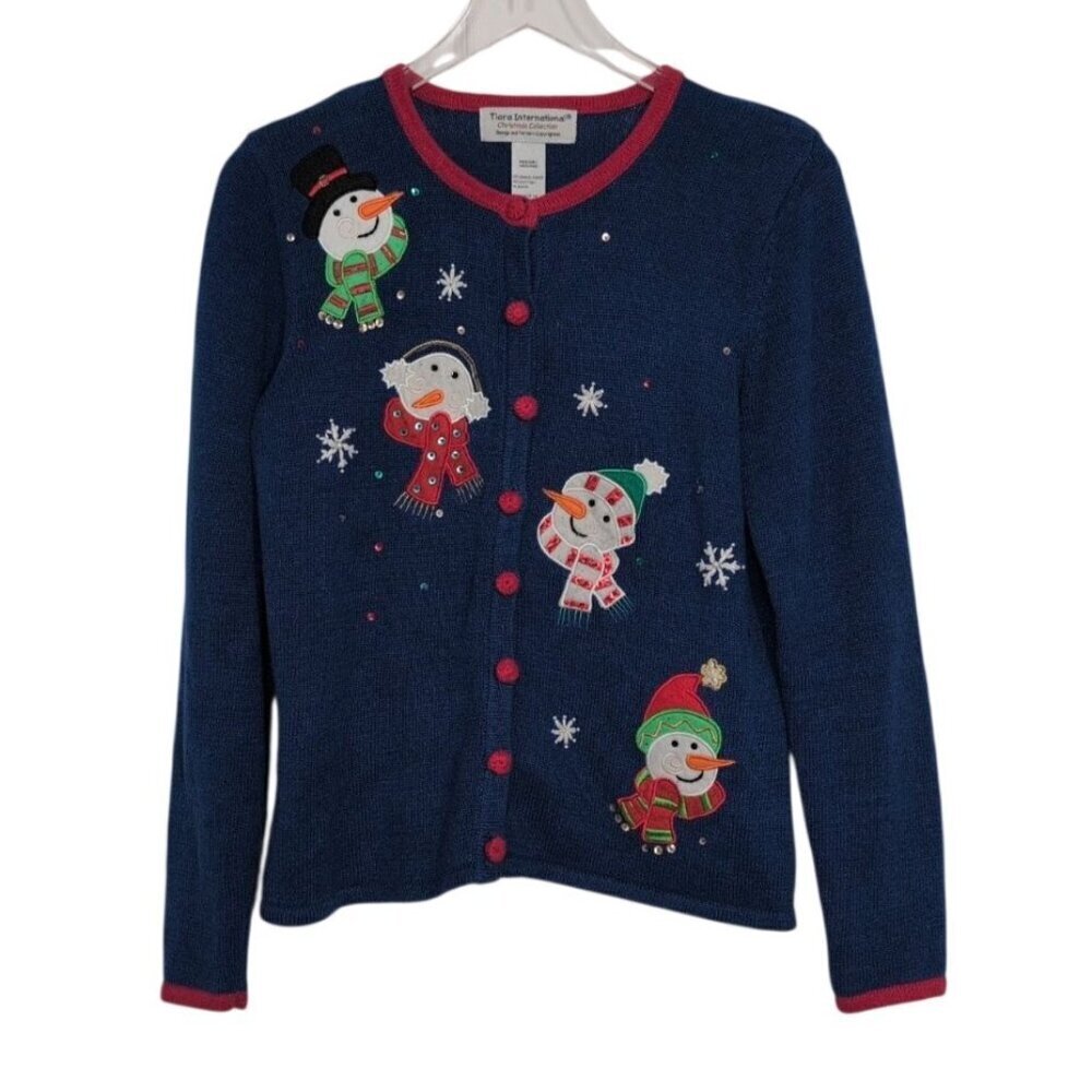 Tiara International Snowman Cardigan Womens Size Medium Blue Embroidered Beaded